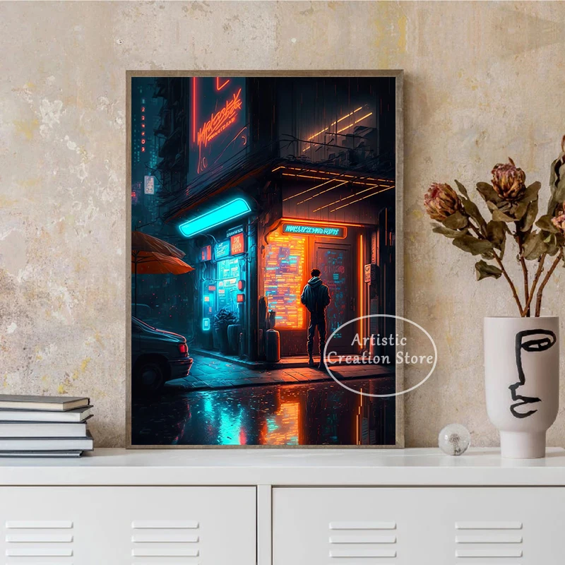 Плакат Нью-Йорк в интернете-стрит панк-город Парикмахерская ночной вид городской