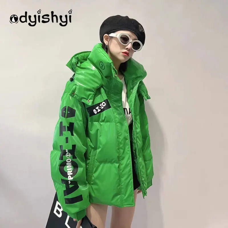 

Klein Blue Short Puffer Jacket Hooded Parka Thick Winter Women Down Coat 2022 Glossy Fashion Letter Hooded Loose Warm Overcoat