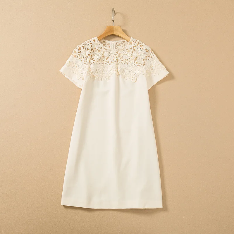 European and American women's wear spring 2022 new  Short sleeves and round collar hollowed out  Fashionable loose dress