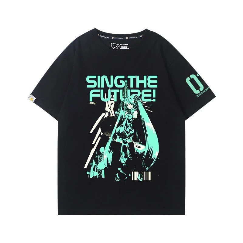 

Anime Hatsune Miku Cotton T-shirt Cartoon Couple Print Short-sleeved T-shirt Women and Men Harajuku with Style Couple Loose
