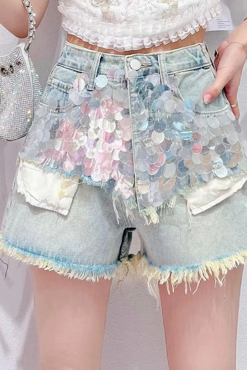 Design Sense Heavy Embroidery Sequins Raw Edge Denim Shorts For Women 2023 Summer New Loose High Waist Slimming A-line Hot Pants