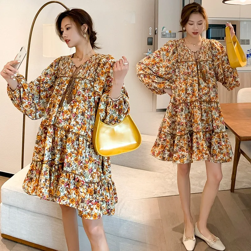 Spring Korean Fashion Floral Print Maternity Dress V Neck Long Sleeves Loose Clothes For Pregnant Women Pregnancy 0944