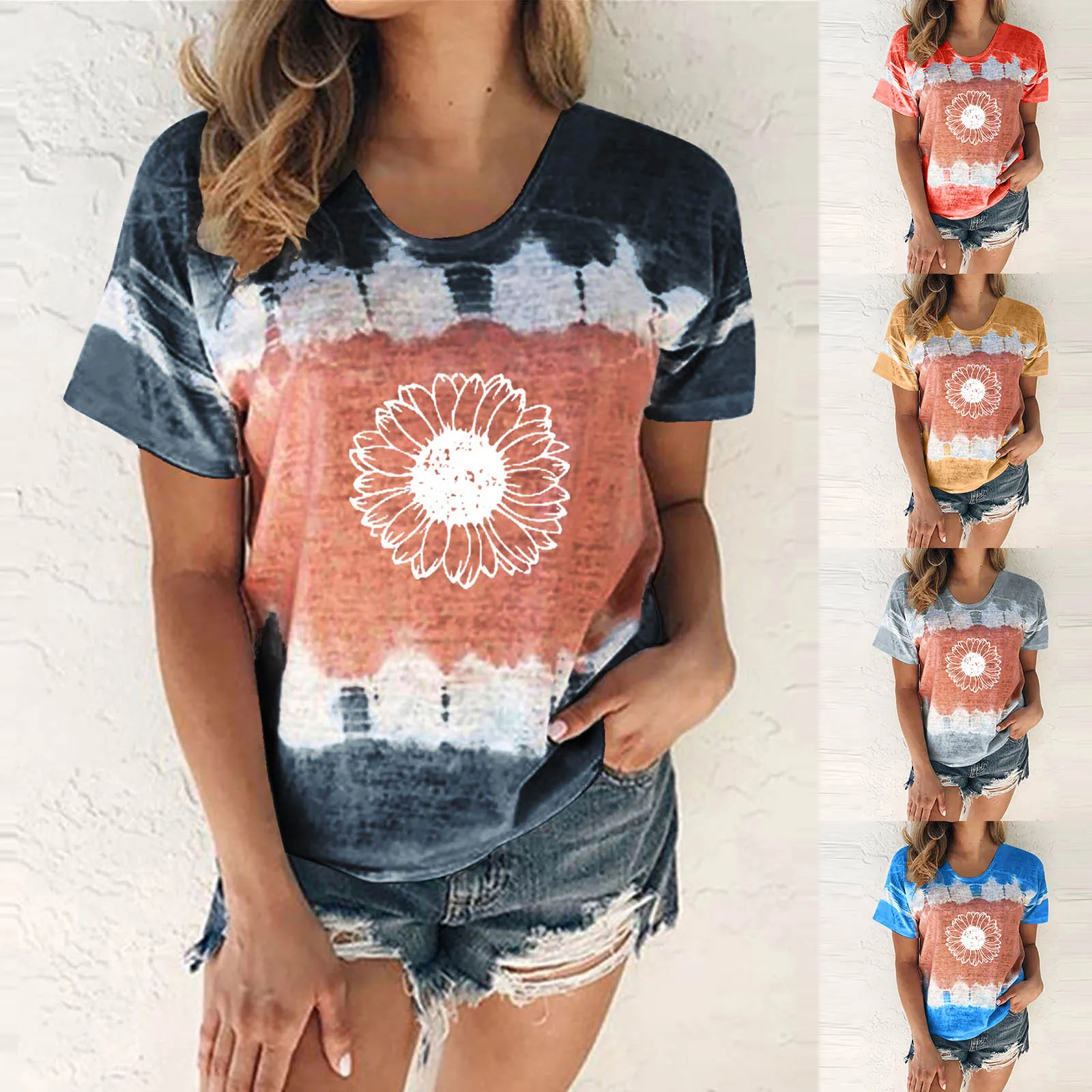 

Женская футболка с коротким рукавом, круглым вырезом и принтом подсолнуха