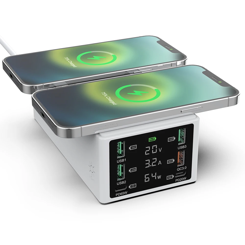 

Wireless Charger, 6-Port Desktop Charging Station with Quick Charge 3.0, 65W USB C Port and LCD Display For Phones, Tablet