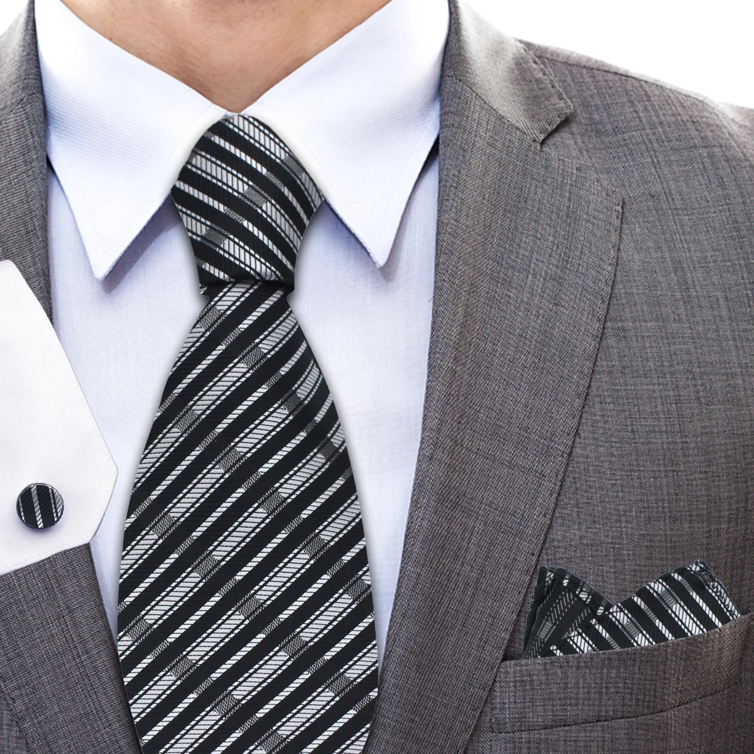 

LYL 8CM Elegant Silk Necktie Kit Chic Black White Check Plaid Design Tie Matching Cufflinks Handkerchief for Business Executives