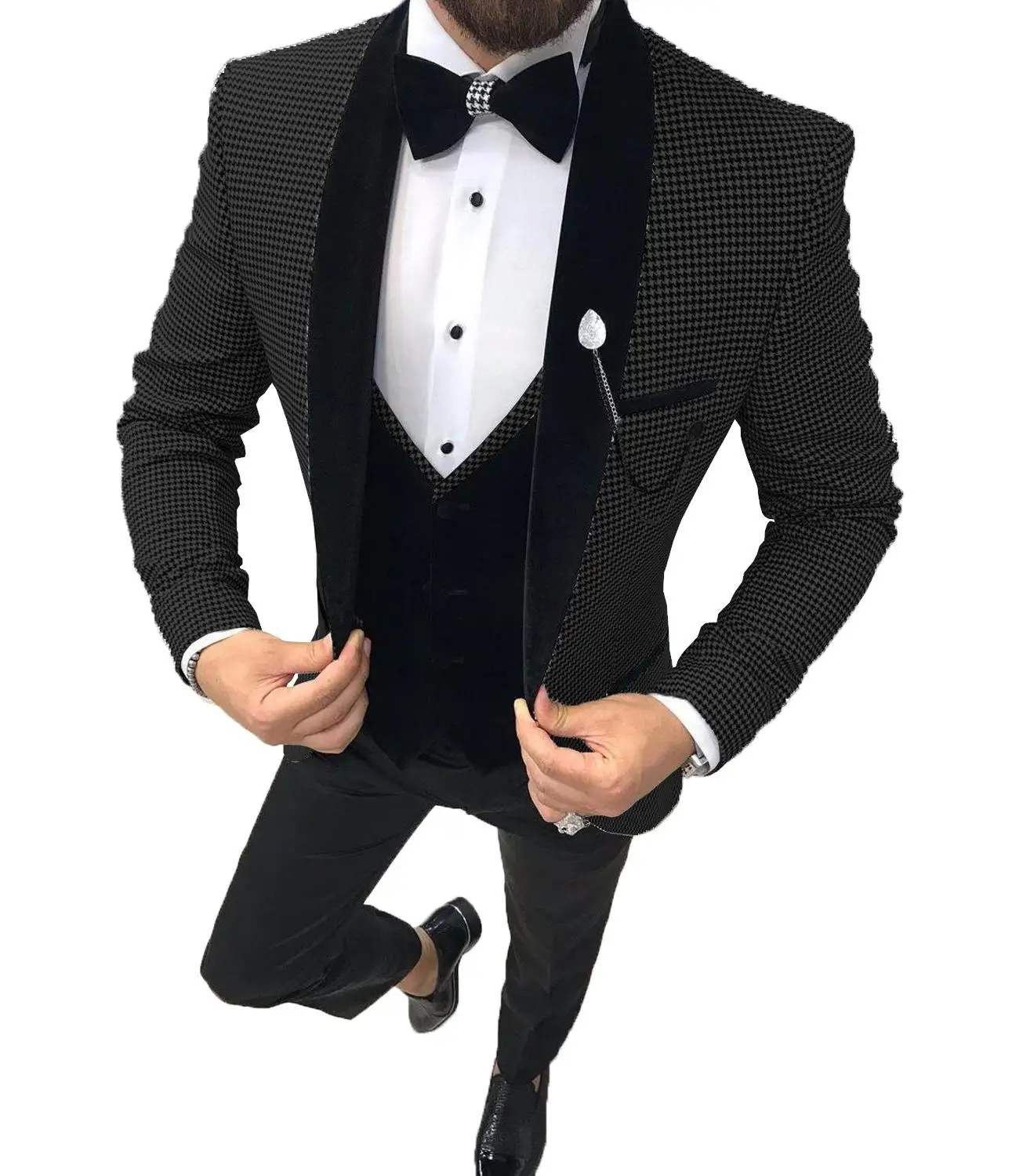 

3 Pieces Mens Suits Grey Slim Fit Business Retro Classic Houndst Groom Tweed Wool Tuxedos for Wedding (Blazer+Pants+Vest)