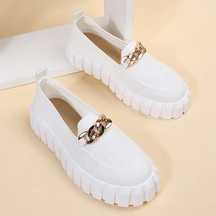 Black Women's Chain Loafer Flats Women Round Toe Slip on Mesh Sneaker Casual Shoes Fabric Flats Breathable Comfy Walking Shoes