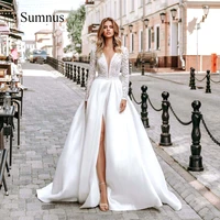 sumnus charming side slit long sleeve wedding dresses 2022 a line sexy deep v neck backless lace bridal gown sweep train satin