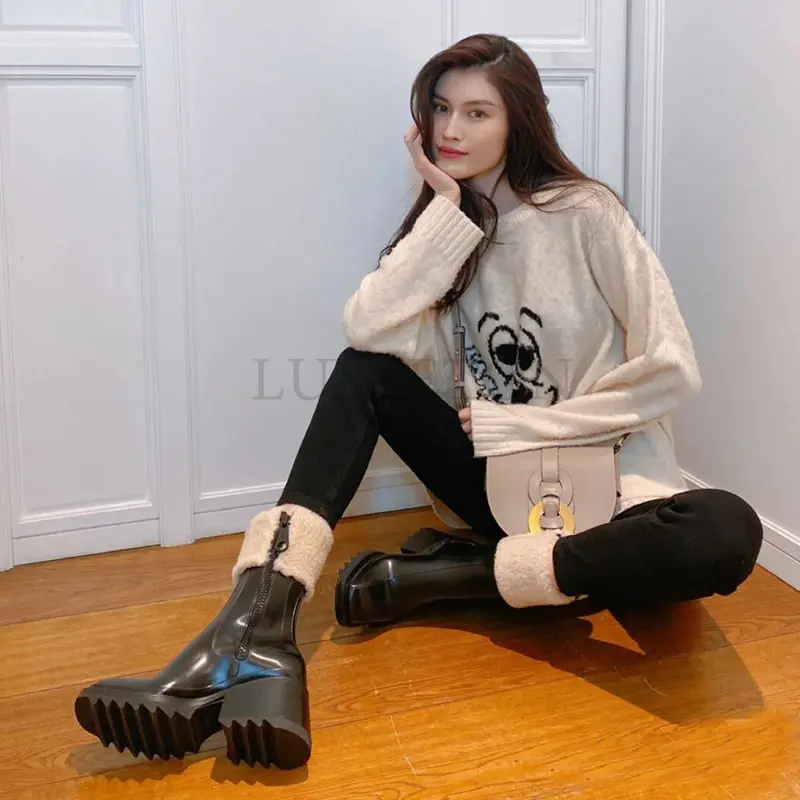 Women Short Boots Spring And Autumn Square Toe Women's Flanging Boots Mid-tube High Heel Boots Brown Boots Botas De Mujer