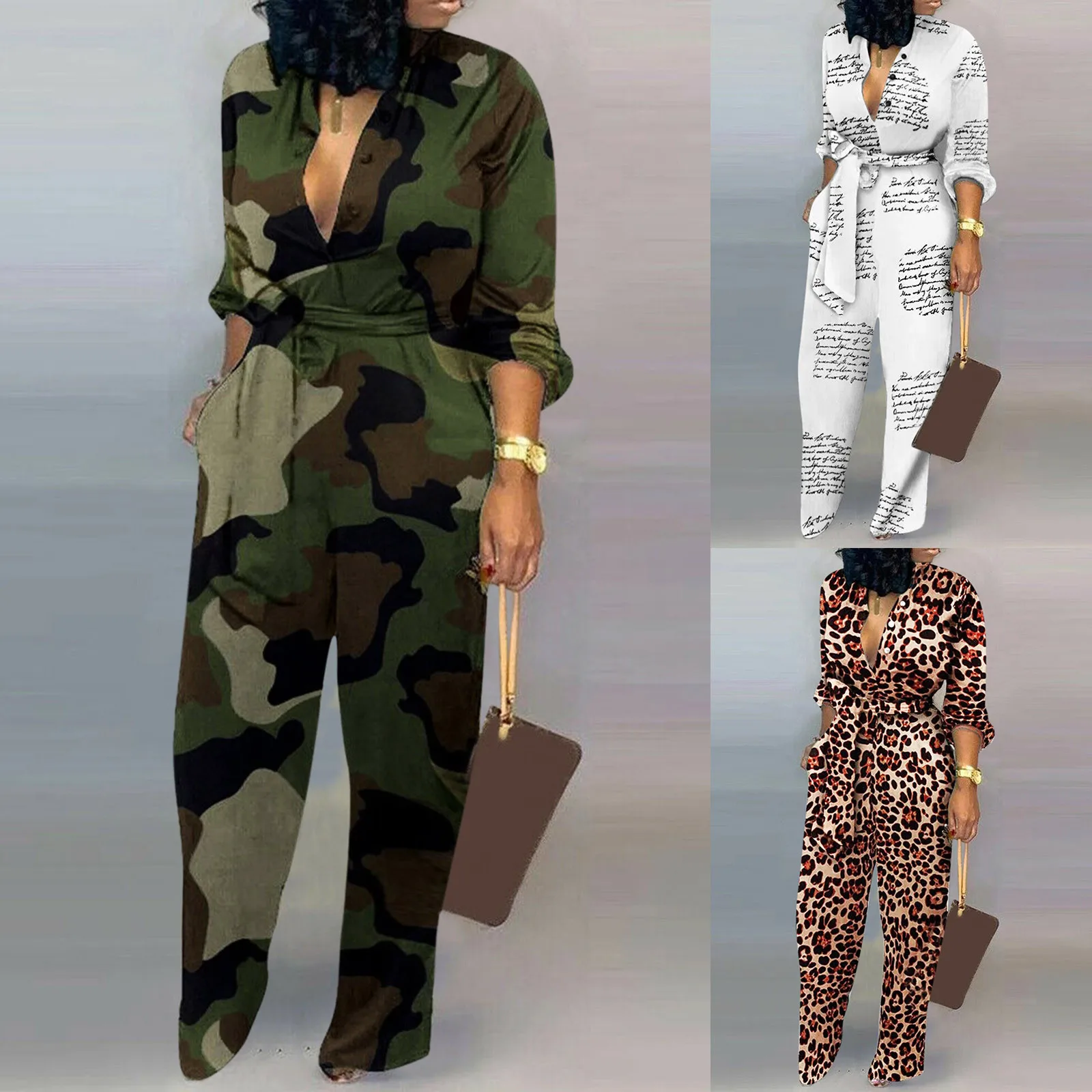 

Playsuit Romper Casual Long Women Pocket Jumpsuit Button Print Sleeves Long Women's Jumpsuit Overall Rompers for Women