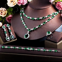 threegraces 4pcs elegant bridal necklace set for women green cubic zirconia wedding dubai saudi party costume jewelry tz673