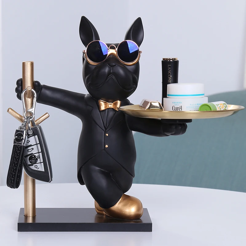 

Nordic Dog Statue Frenchie House Keeper Fancy Bulldog with Tray and Rack Office desk Home Decoration Luxury Animal Sculptures