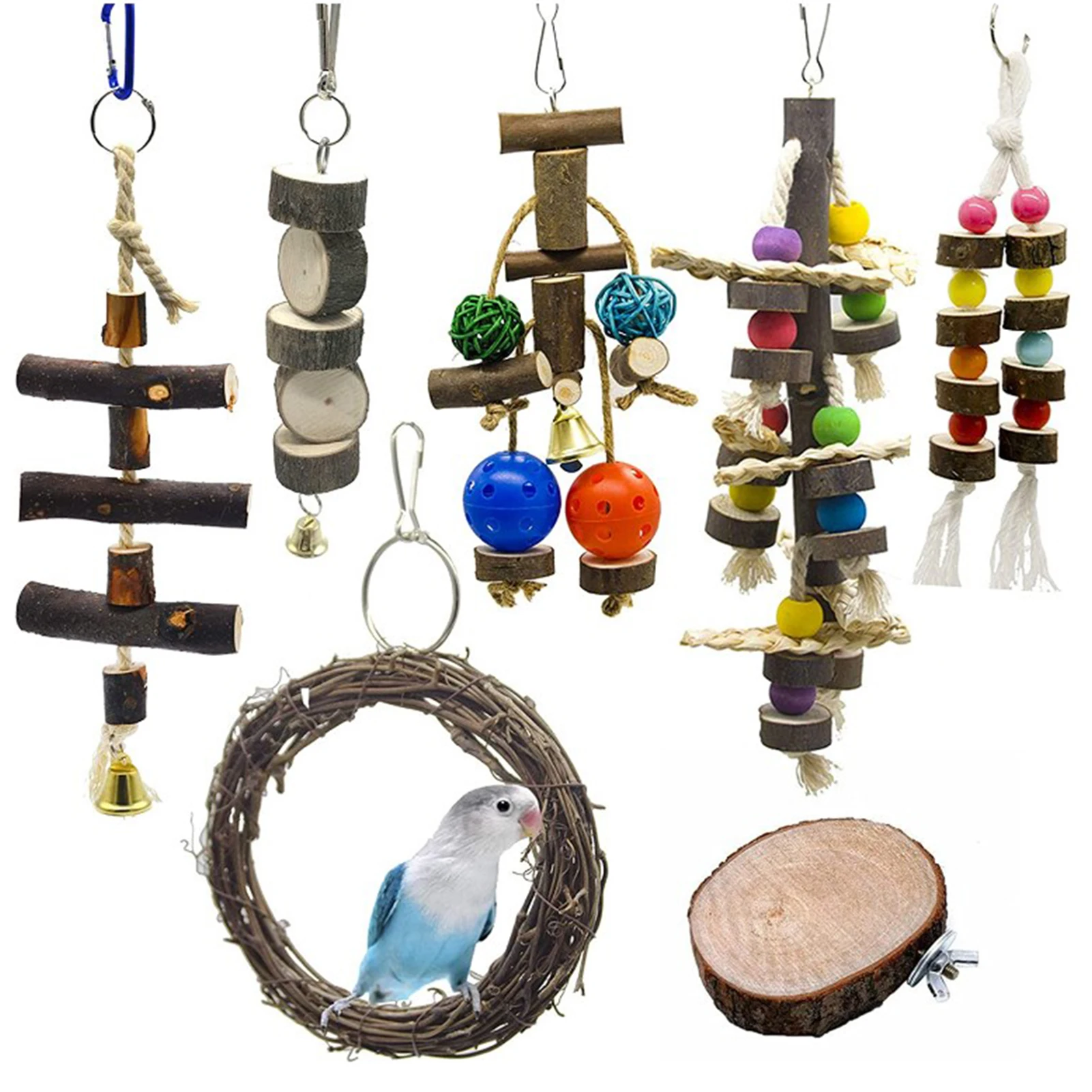 

7 Pieces Bird Toys For Parakeets Natural Wood Perches For Birds Chewing Toy Parrot Cage Parrots Toys Gifts For Home Decoration