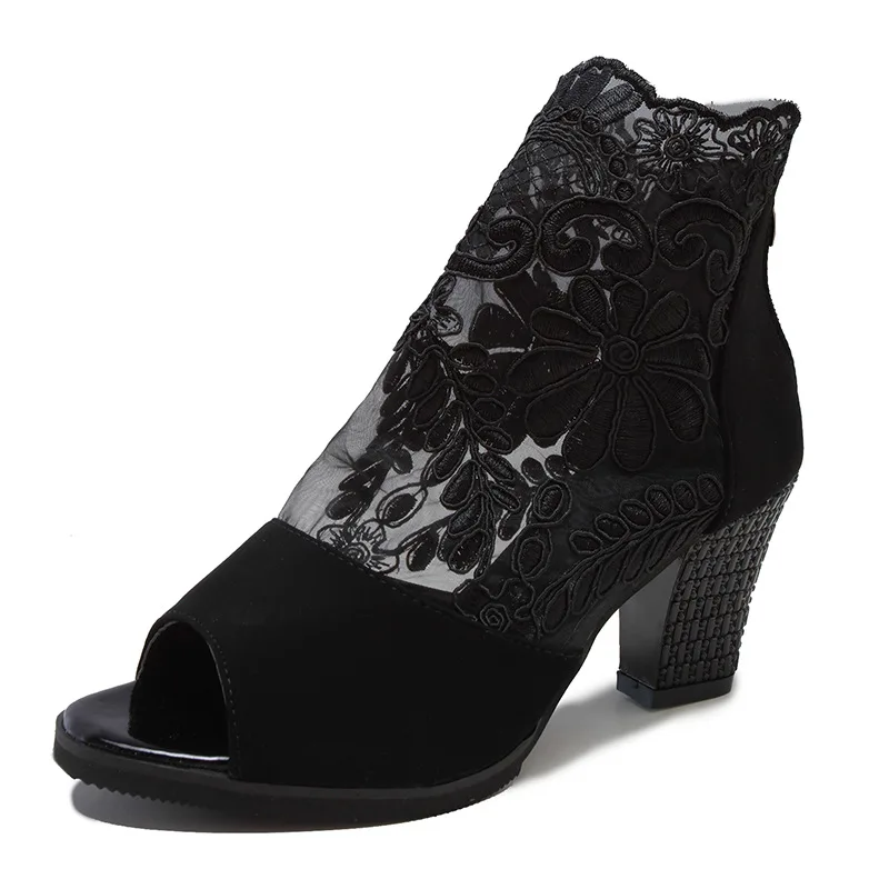 

New Sandals Women Fish Mouth Flower Mesh Breathable Thick Heel Dance Shoes Women's Sandals Sandalias De Mujer Chaussure Femme