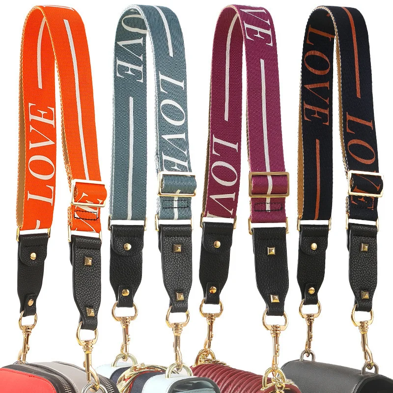 3.8cm Wide Women Fashion Shoulder Bag Strap Adjustable Replacement Messenger Purse Crossbody Belt Love Pattern Nylon Bag Parts