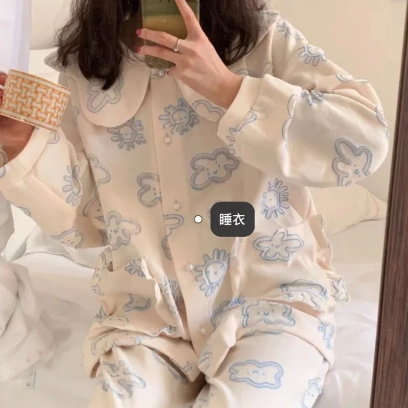 QWEEK Pajama Set Women Spring Autumn Girls Home Clothes Clouds Pijamas Doll Collar Pyjamas Sleepwear Nightwear Ruffles Pocket