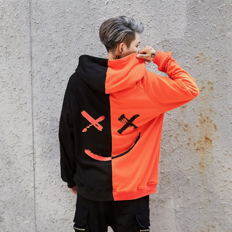 

2023Men Fall New Casual Fashion Color Patchwork Smiling Face Hoodie Temperament Commuting Long Sleeve Sport Hooded Top Coat