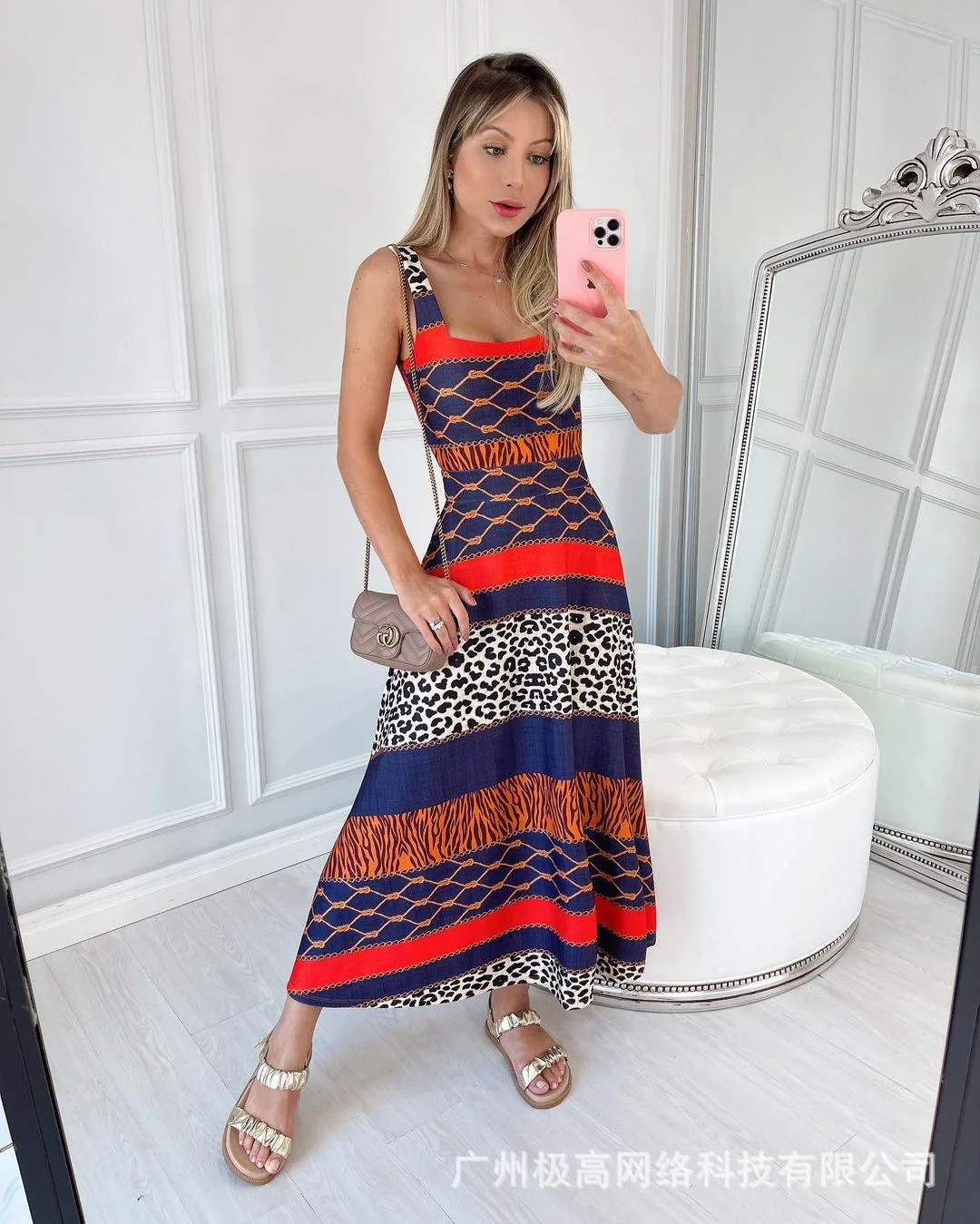 

Thick Strap Cheetah Zebra Stripe Print Colorblock Dress Women Sleeveless Square Neck High Waist Ankle Length Dress