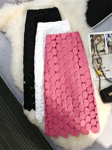 Spring Summer Lace Crochet Pencil Women's Skirts Ladies High Waist 2022 New Hollow Out Elegant Office Wrap Skirt Tassel Female