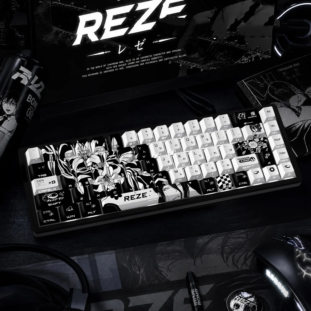 Фото Новые PBT-кейкапы Reze Cherry Profile с 5-сторонней сублимационной печатью, светопропускающие, для японской/русской кириллической клавиатуры, 74/129 клавиш №1