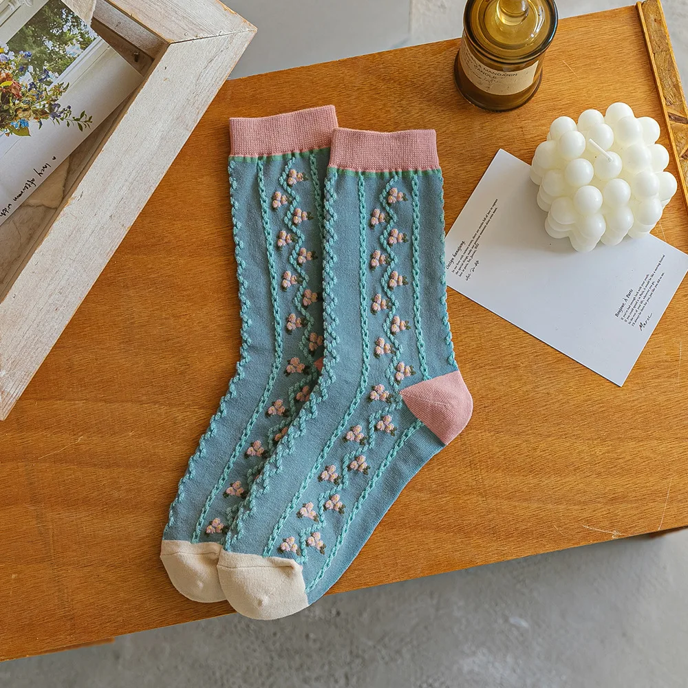 4 Pairs Women Sock Cotton for Autumn Fashion Flower Design 2022 New Arrival Leather Shoes Socks Thin