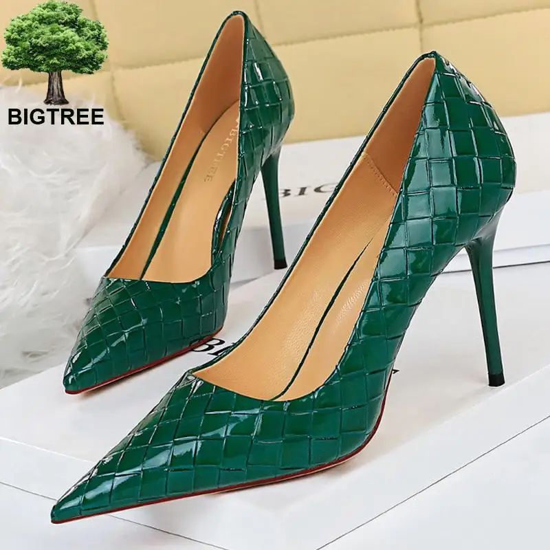 

BIGTREE Shoes Patent Leather Woman Pumps 2022 New Designer Shoes Weave Pattern Fine High Heels Stiletto Heeled Shoes Party Shoes
