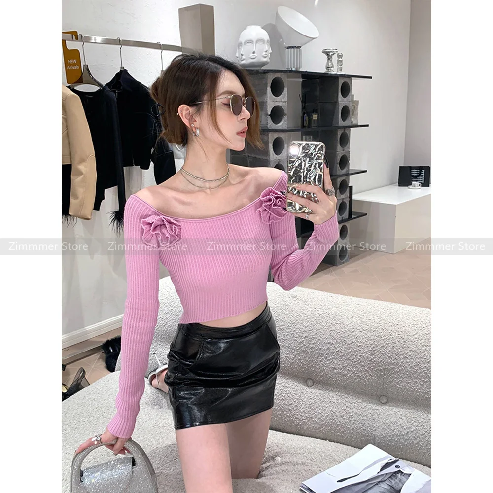 

Y2K розовый трикотажный свитер с длинными рукавами и трехмерными цветами, новинка для женщин 23 года, облегающий короткий Топ без бретелек для девушек