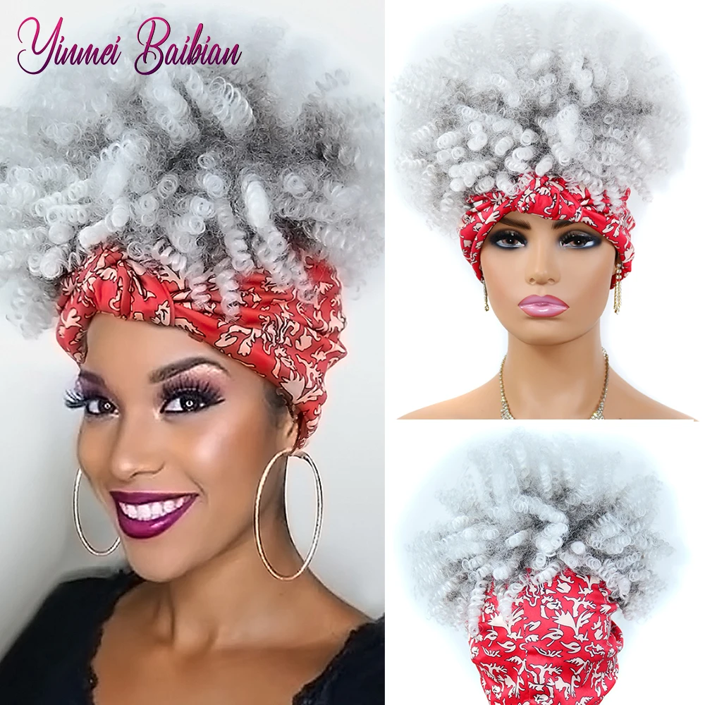 

Synthetic Afro Curl Headband Wigs Drawstring Afro Puff Wig Short Black Kinky Curly Wig with Bangs Afro Puff Wigs for Women