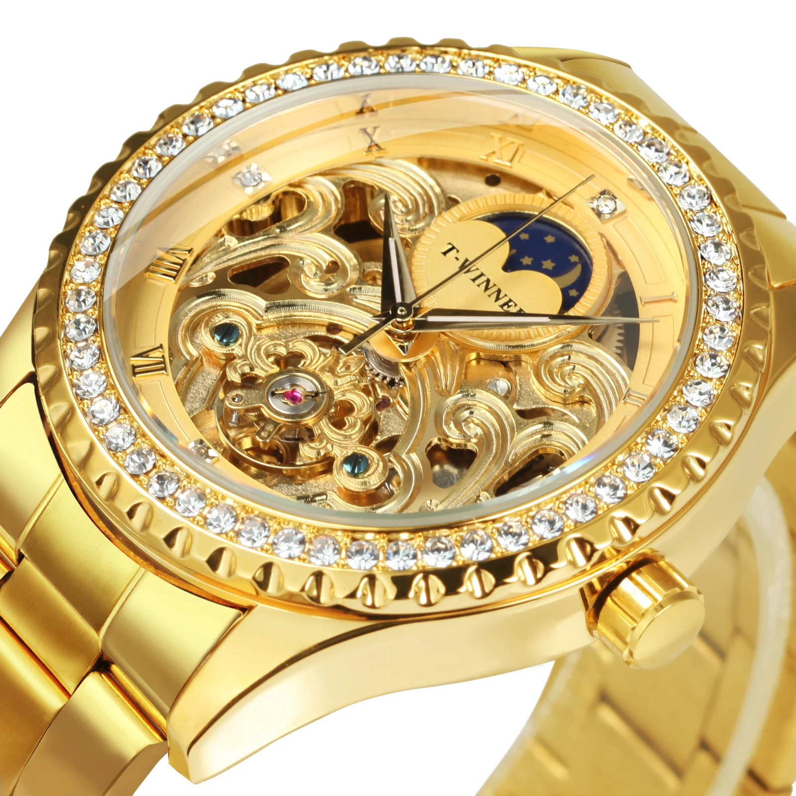

WINNER Retro Mechanical Watches Luxury Tourbillon Skeleton Automatic Watch Men Royal Diamond Case Moon Phase Steel Strap Clock