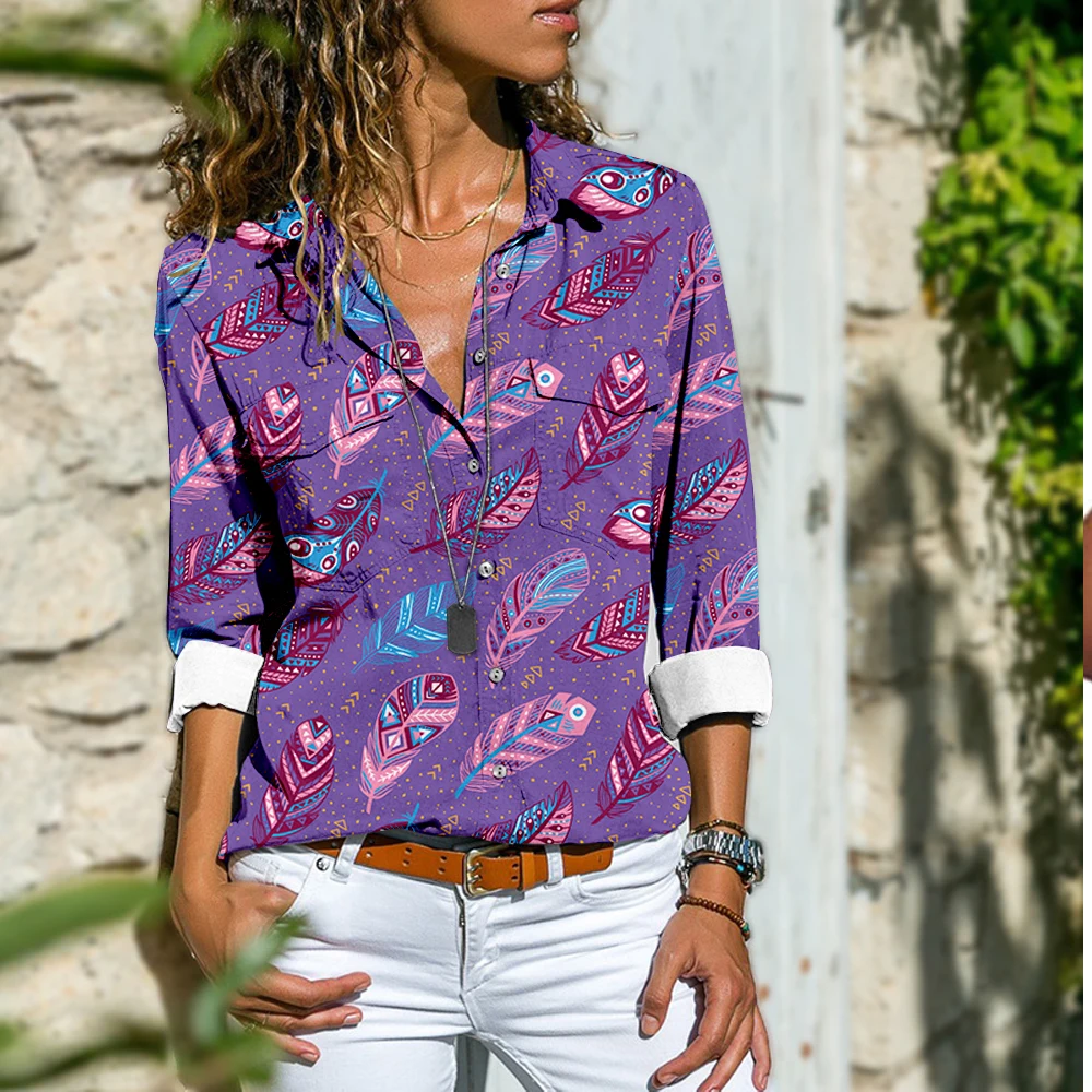 

Women's New Button Feather Print Long Sleeve Shirt Summer Casual Top