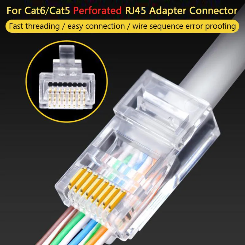 

100 шт./корт. Для сетевого кабеля Cat6 Cat5 RJ45, соединитель адаптера, перфорированный сетевой Ethernet-Кабель Cat 6 Gigabit, прозрачный соединитель, быстрая ...