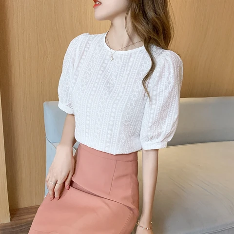 Korean Embroidery Floral Blouse Women Summer New Sweet Loose Lace Shirt Women's 2023 Short Sleeve O Neck Casual White Tops 15217