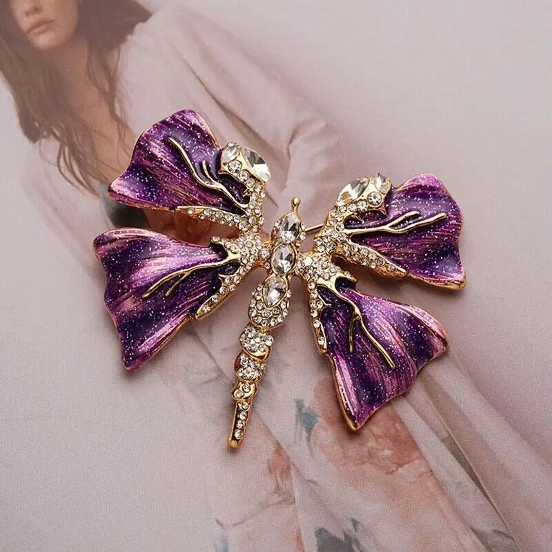 Shiny Rhinestone Dragonfly Butterfly Brooch Vintage Painted Drip Glaze Insect Pins Women Luxury Clothing Accessories Enamel Pin