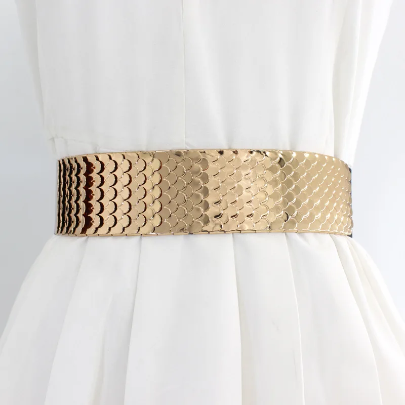 4.6cm Wide Elastic Black Belt Gold Metal Fish Skin Waistband for Women Cinto Feminino for Party Jewelry Dress Metal Chain Belt