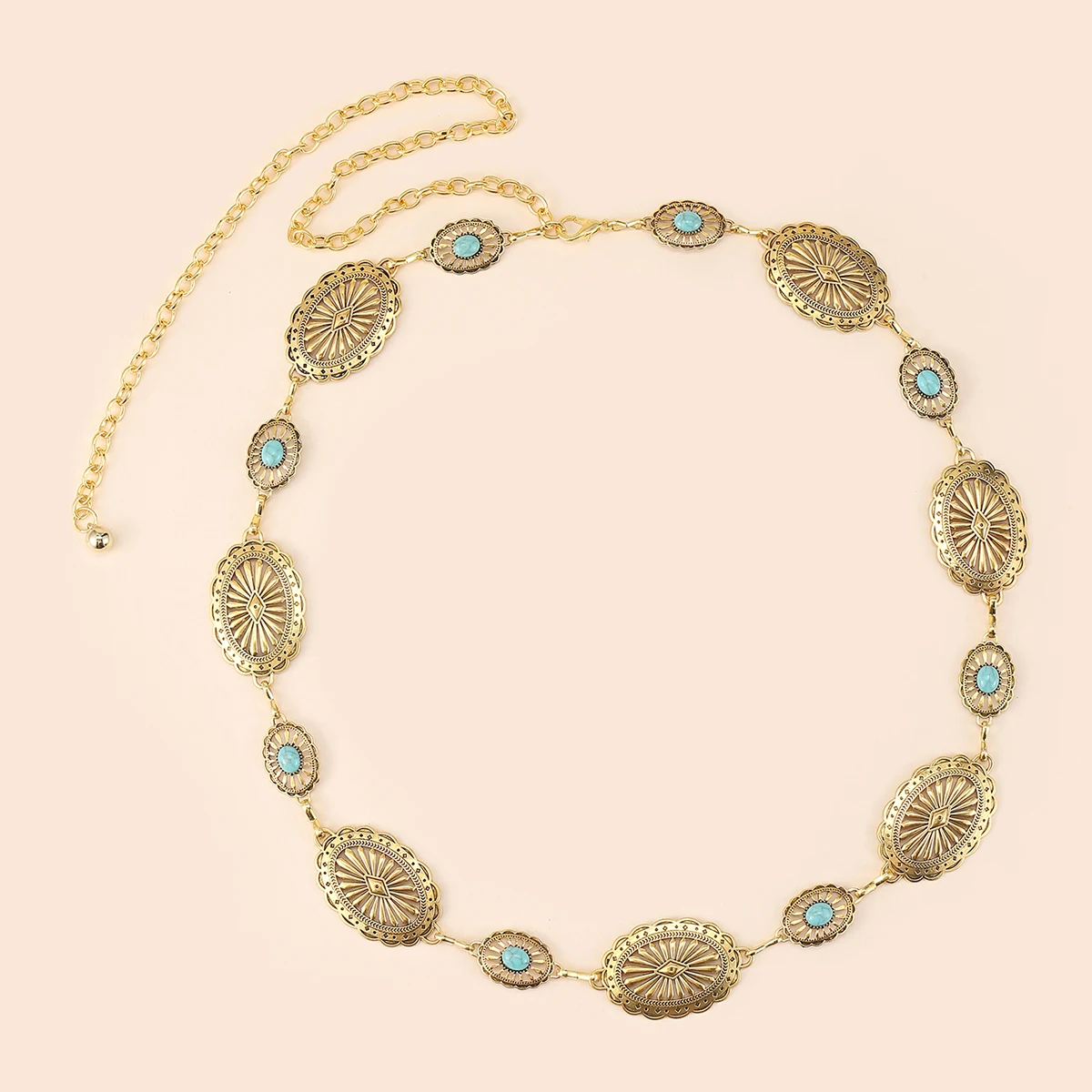Fashion Geometric Shape Zinc Alloy Gold Color with Small Turquoises Decor Chain Belts for Women