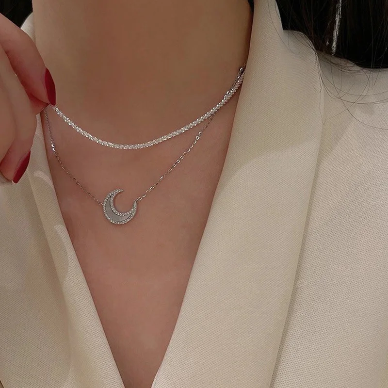 Sparkling Silver Color Star Moon Zircon Drop Necklace For Women Luxury Elegant Double Laye Chain Necklace Party Wedding Jewelry