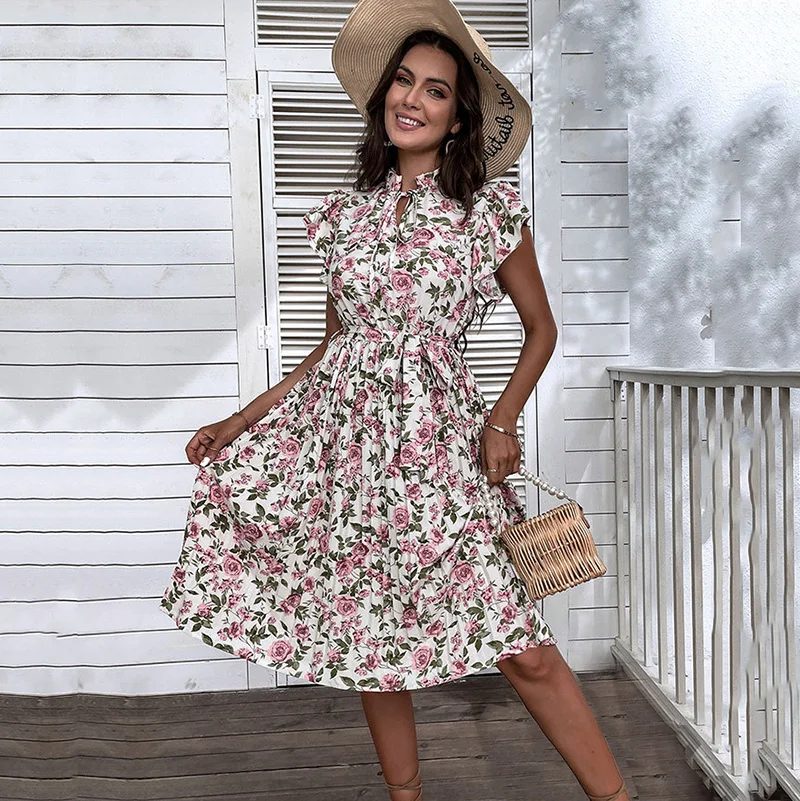 

Woman Elegant Summer White Dress Beach Holiday Casual Sashes Flounced Edge Vestidos Flower Print Pleated Dresses Party