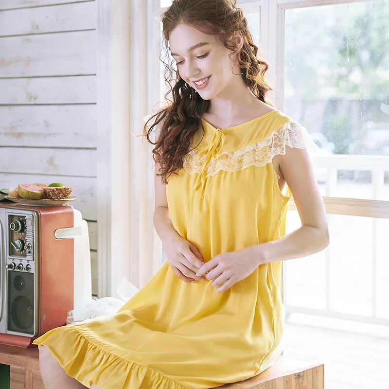 Roseheart New Women Homewear Female Yellow Skin Sexy Sleepwear Nightdress dress Lace O Neck Nightwear Sleepwear Nightgown