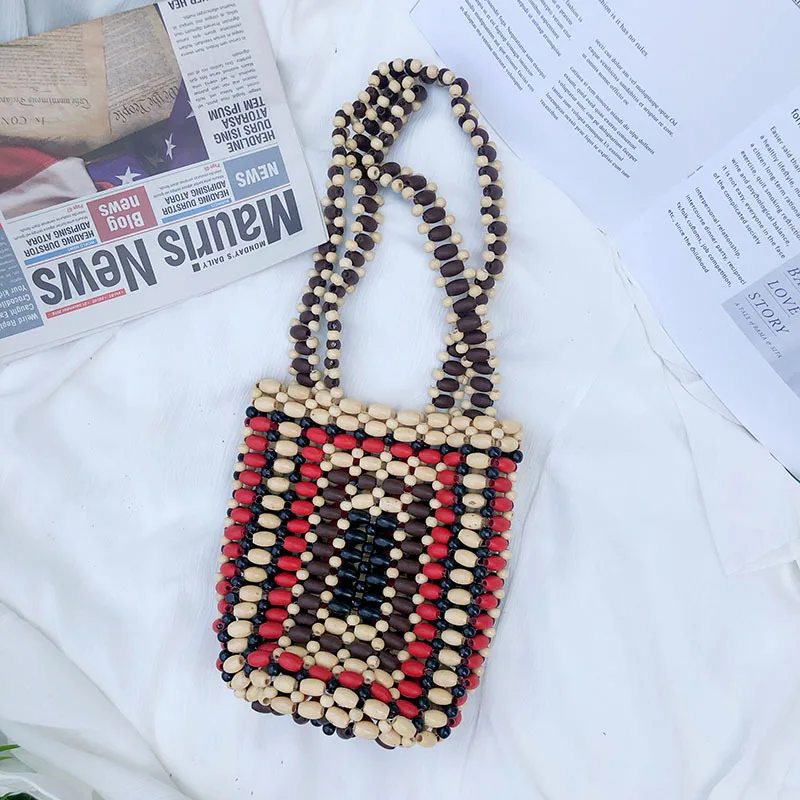 Hand Woven Wooden Bead Bucket Bag for Women Summer New Color Contrast Hollow Out Shoulder Bag Bohemian Travel Small Tote Bag