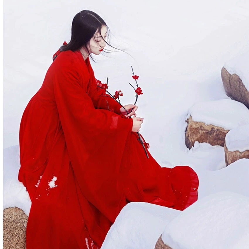 

Традиционное Восточное китайское платье ханьфу для женщин, однотонные красные шифоновые костюмы для народных танцев, Женский винтажный ко...
