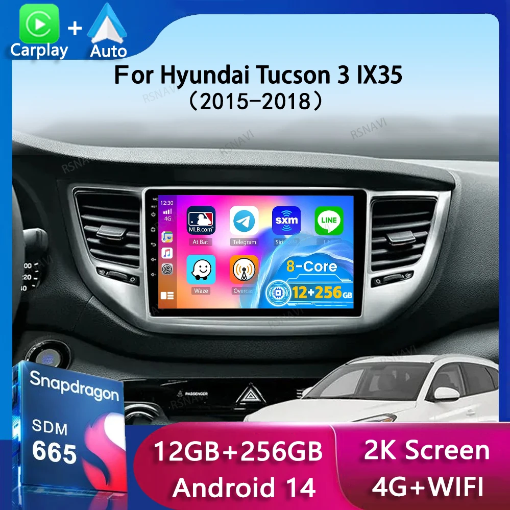 Автомобильное радио Android 14 Carplay для Hyundai Tucson IX35 3 2015 2016 2017 2018 2Din мультимедийный