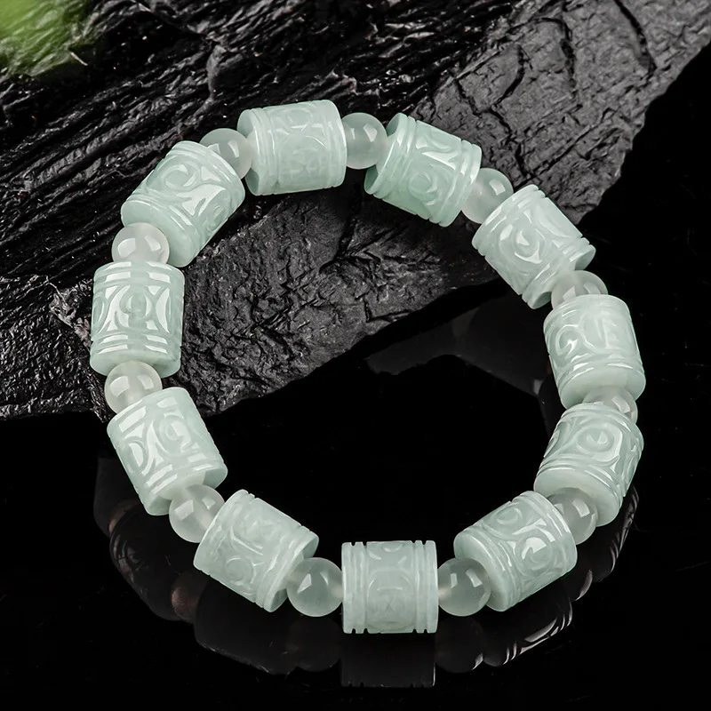 Natural Burma A-class Jadeite Light Green Bucket Beads Road Carvd Hand String Ice Jade Bracelet Jewelry For Men Women Drop Ship