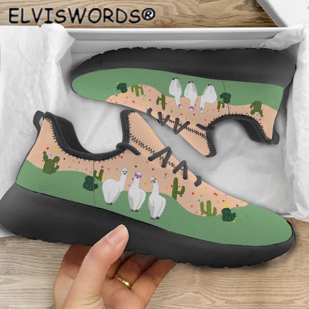 

Женские нескользящие кроссовки ELVISWORDS, на плоской подошве, с мультяшным принтом альпака, сетчатые, на шнуровке, Осень-зима