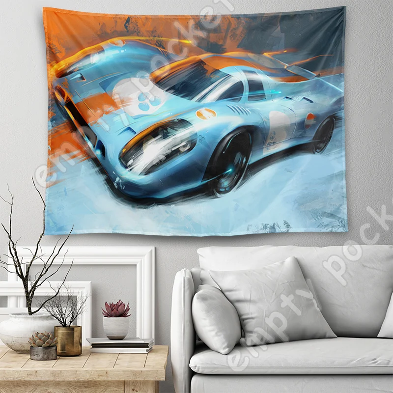 

Gulf Car Artwork Vintage Racing Car Ford GT 911 Tapestry for Home Decor Living Room Bedroom Wall Decor