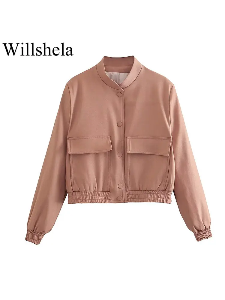 

Willshela Women Fashion With Pockets Pink Single Breasted Bomber Jackets Vintage O-Neck Long Sleeves Female Chic Lady Outfits