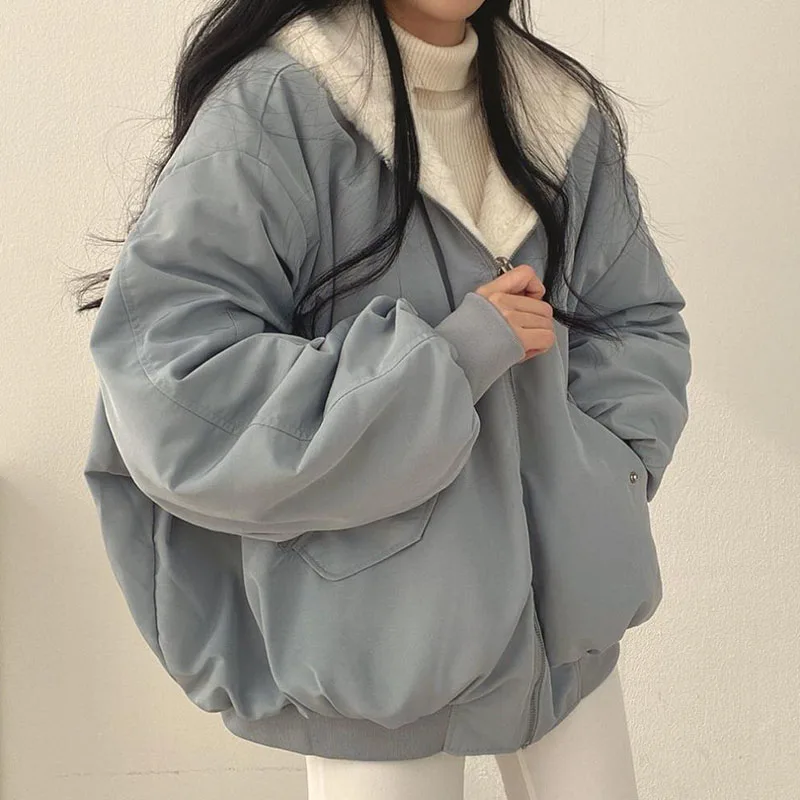 

Женская зимняя утепленная двухсторонняя куртка на молнии с капюшоном, модель 2023 года, корейская мода, повседневное Свободное пальто