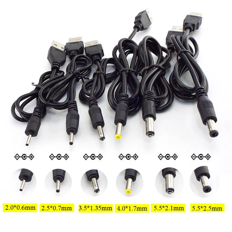 Type A USB Male Port To DC 5V 2.0*0.6mm 2.5*0.7mm 3.5*1.35mm 4.0*1.7mm 5.5*2.1mm 5.5*2.5mm Plug Jack Power Cable Connector