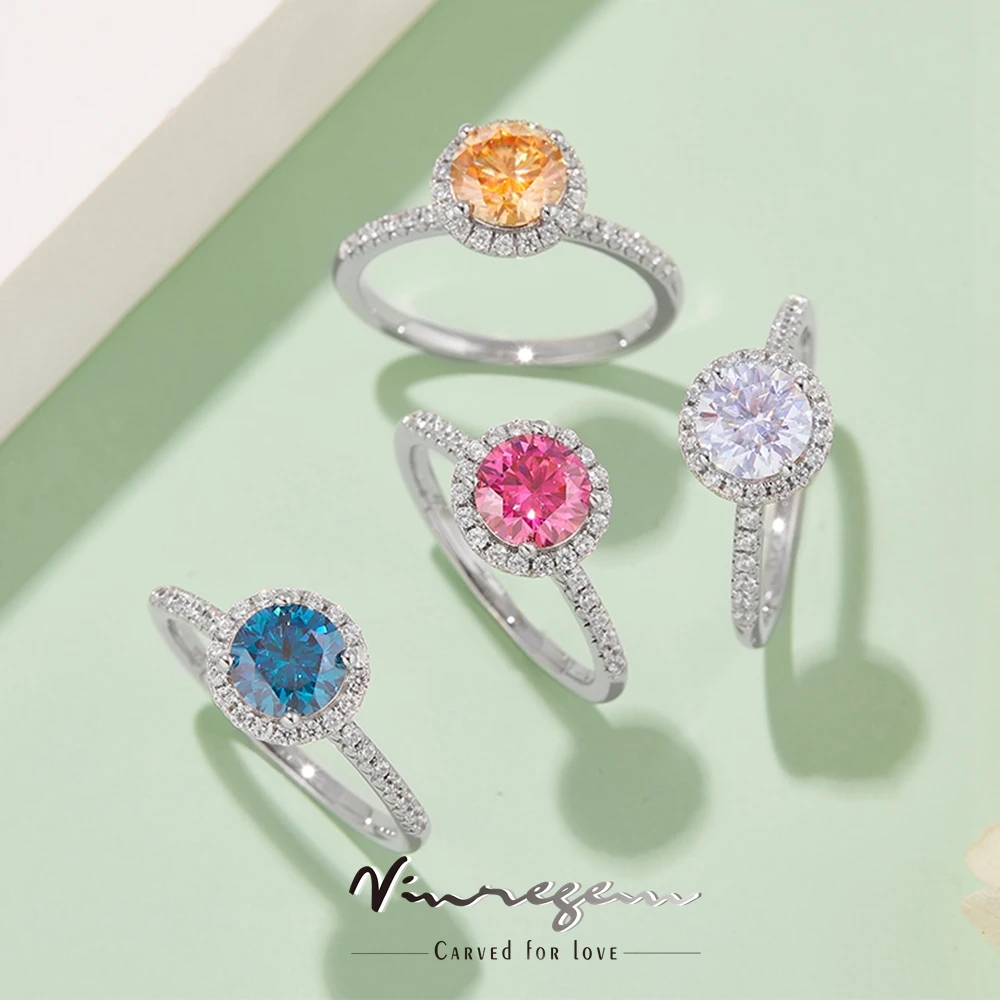 

Vinregem 925 Sterling Silver 18K White Gold 1CT Colorful Moissanite Pass Test Diamond Wedding Ring for Women Gifts Drop Shipping