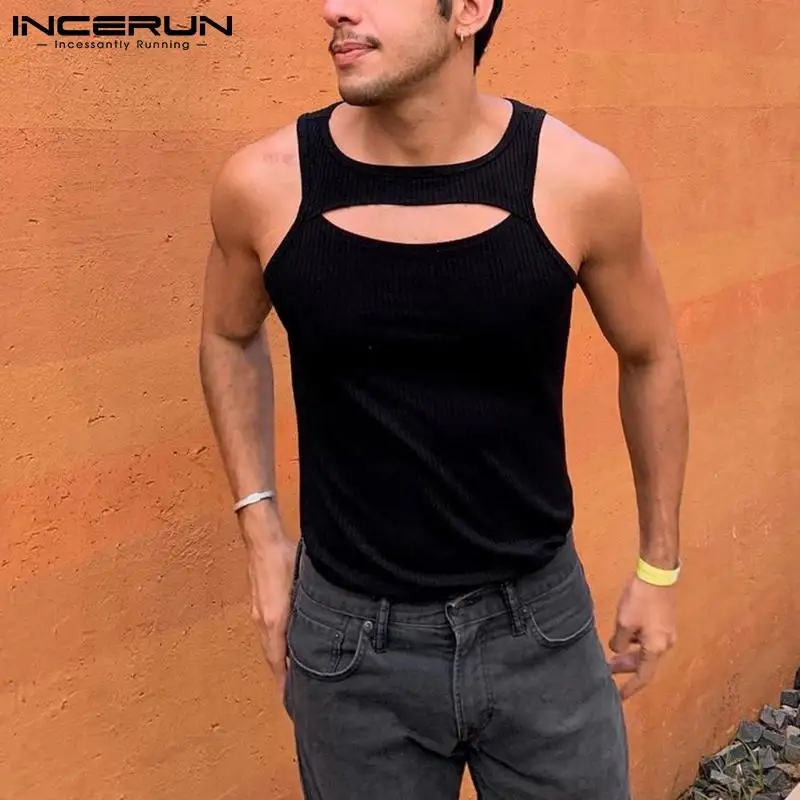 

INCERUN American Style Men's Sexy Leisure All-match Simple Waistcoat Stylish Hollow Out Solid Comfortable Sleeveless Vests S-5L