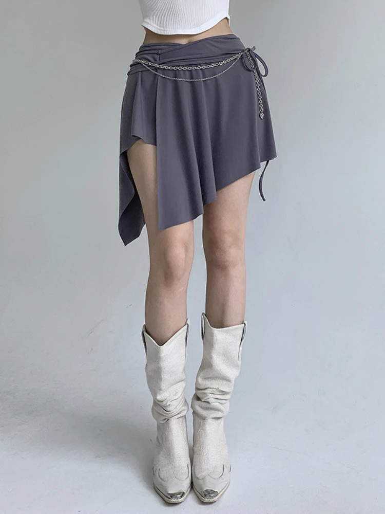 

Y2k Asymmetrical Split A-Line Skirt Preppy Style Women's 2023 Harajuku Casual Solid Bandage Mid-Waisted Basic Mini Skirts
